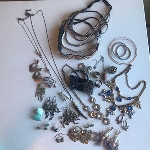 Lot of miscellaneous jewelry, earrings, rings, necklaces, and headbands